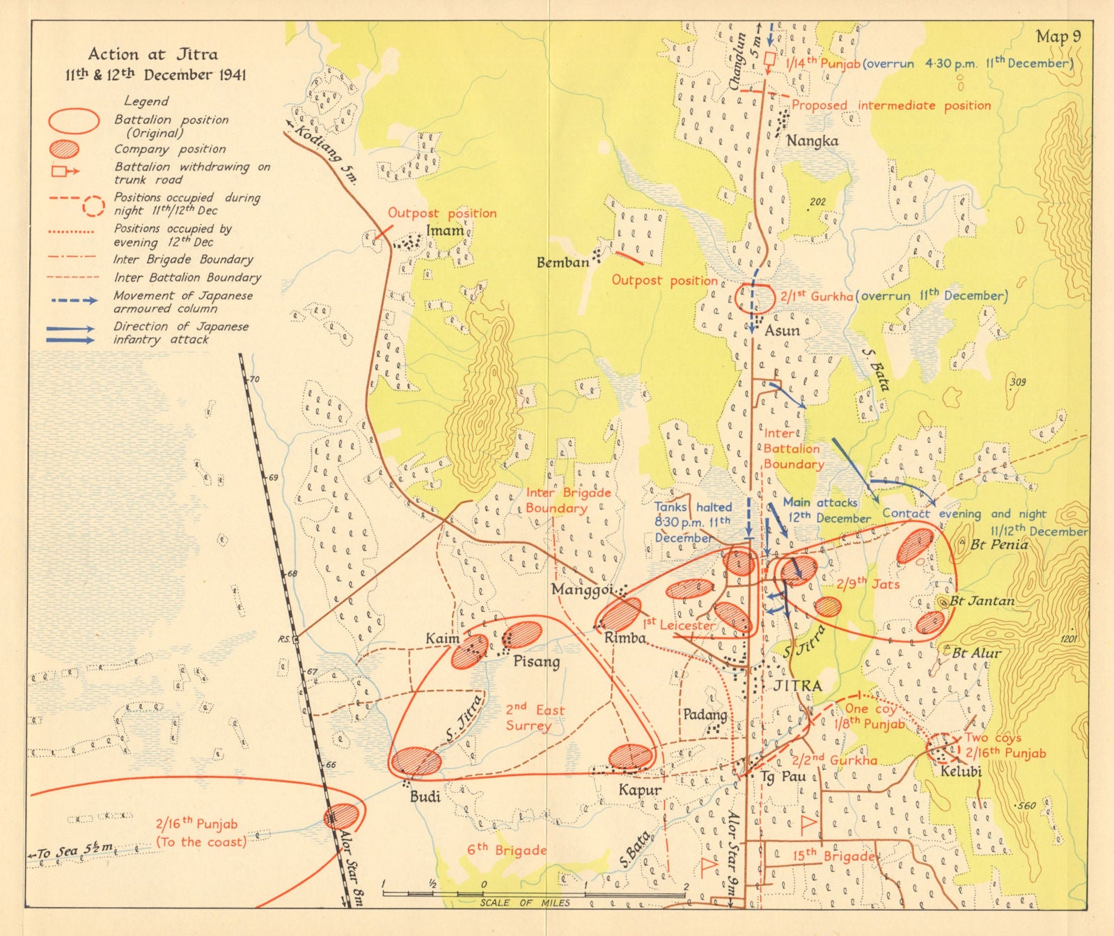 Battle of Jitra, 11-12 December 1941. Japanese invasion of Malaya 1957 old map
